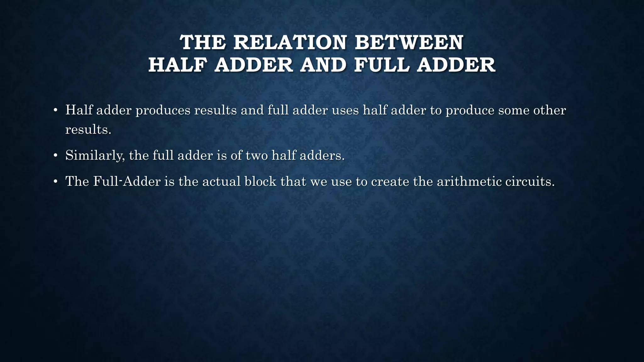 THE RELATION BETWEEN
HALF ADDER AND FULL ADDER
• Half adder produces results and full adder uses half adder to produce some other
results.
• Similarly, the full adder is of two half adders.
• The Full-Adder is the actual block that we use to create the arithmetic circuits.
 