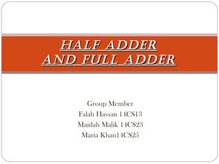 Group Member
Falah Hassan 14CS13
Maidah Malik 14CS23
Maria Khan14CS25
HALF ADDERHALF ADDER
AND FULL ADDERAND FULL ADDER
 