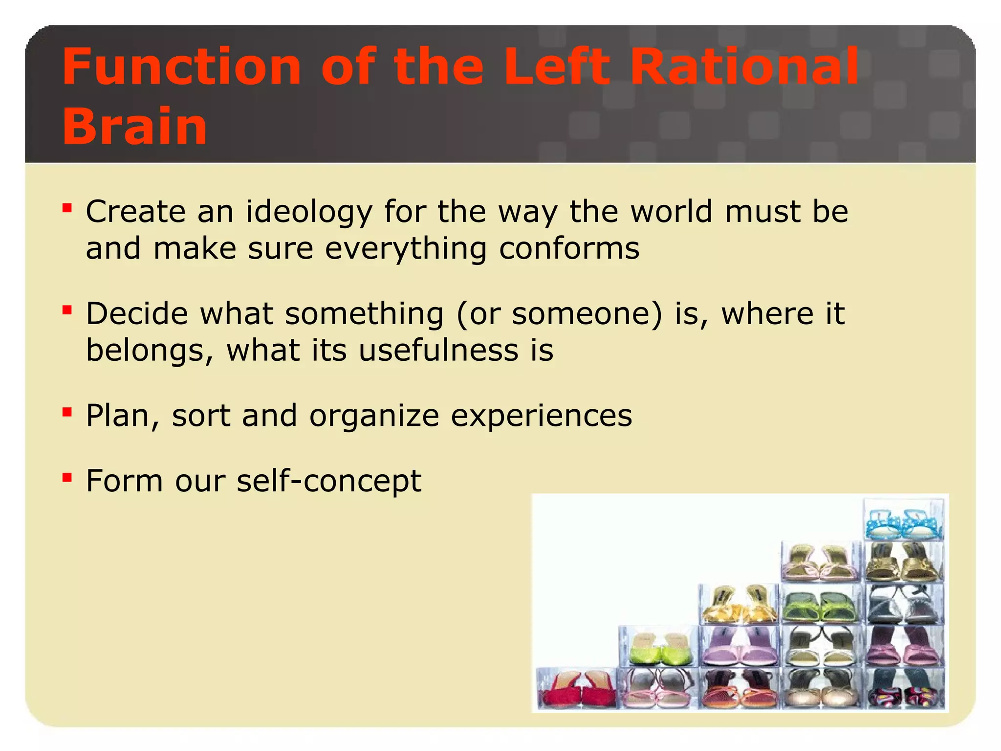 Function of the Left Rational
Brain
 Create an ideology for the way the world must be
and make sure everything conforms
 Decide what something (or someone) is, where it
belongs, what its usefulness is
 Plan, sort and organize experiences
 Form our self-concept

 