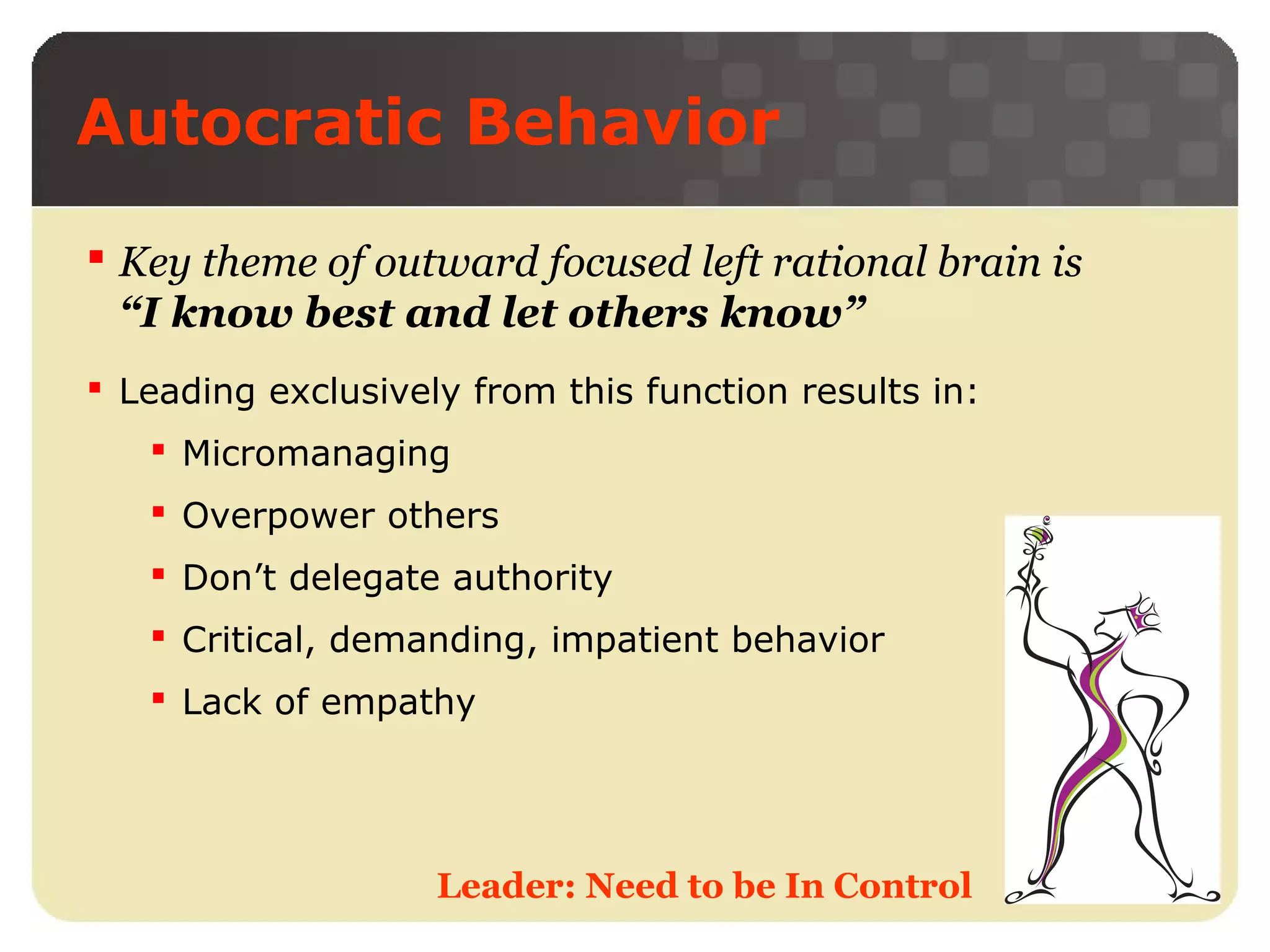 Autocratic Behavior
 Key theme of outward focused left rational brain is
“I know best and let others know”
 Leading exclusively from this function results in:
 Micromanaging
 Overpower others
 Don’t delegate authority
 Critical, demanding, impatient behavior
 Lack of empathy

Leader: Need to be In Control

 