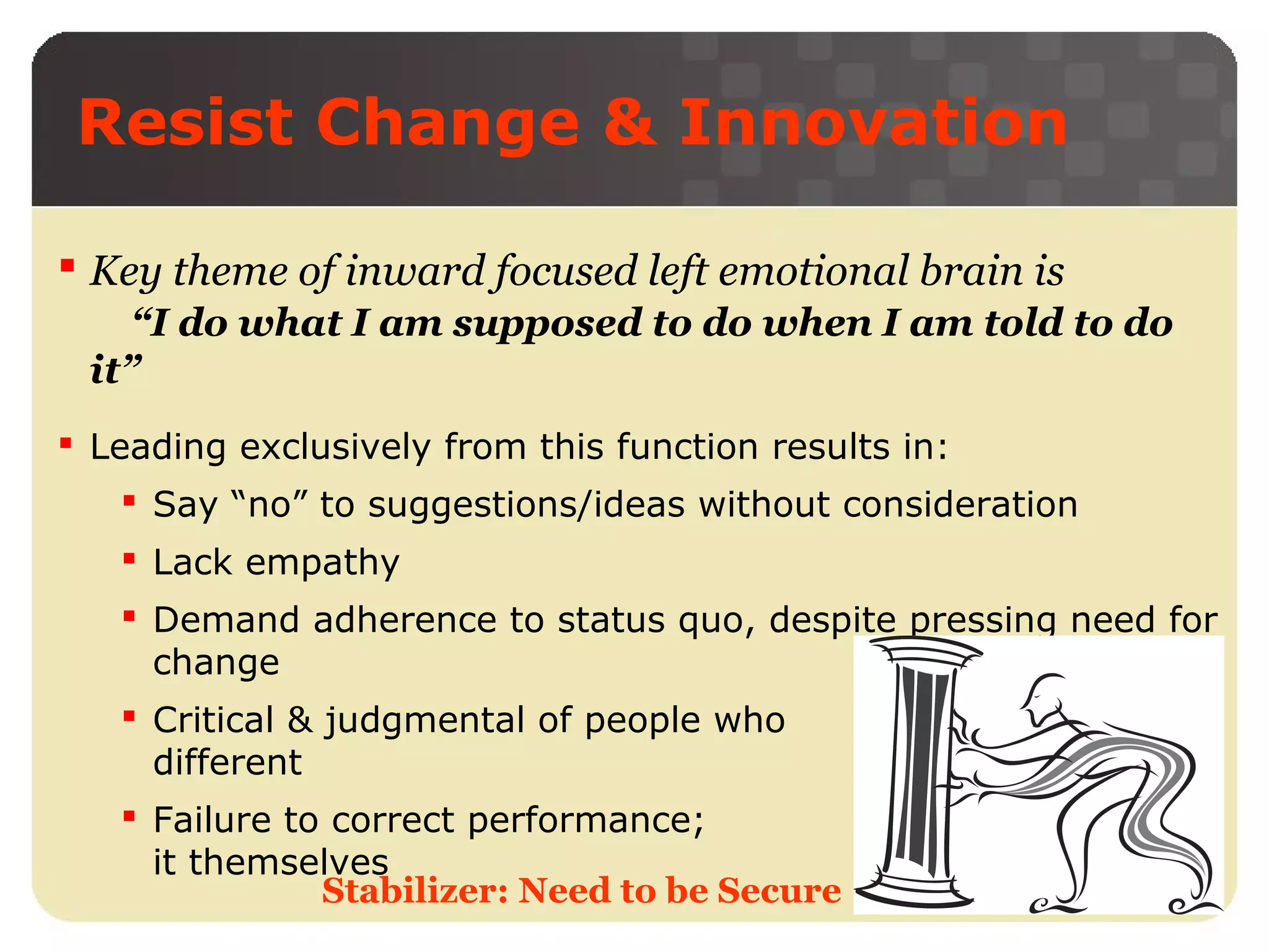 Resist Change & Innovation
 Key theme of inward focused left emotional brain is
“I do what I am supposed to do when I am told to do
it”
 Leading exclusively from this function results in:
 Say “no” to suggestions/ideas without consideration
 Lack empathy
 Demand adherence to status quo, despite pressing need for
change
 Critical & judgmental of people who
different
 Failure to correct performance;
it themselves
Stabilizer: Need to be Secure

are
do

 