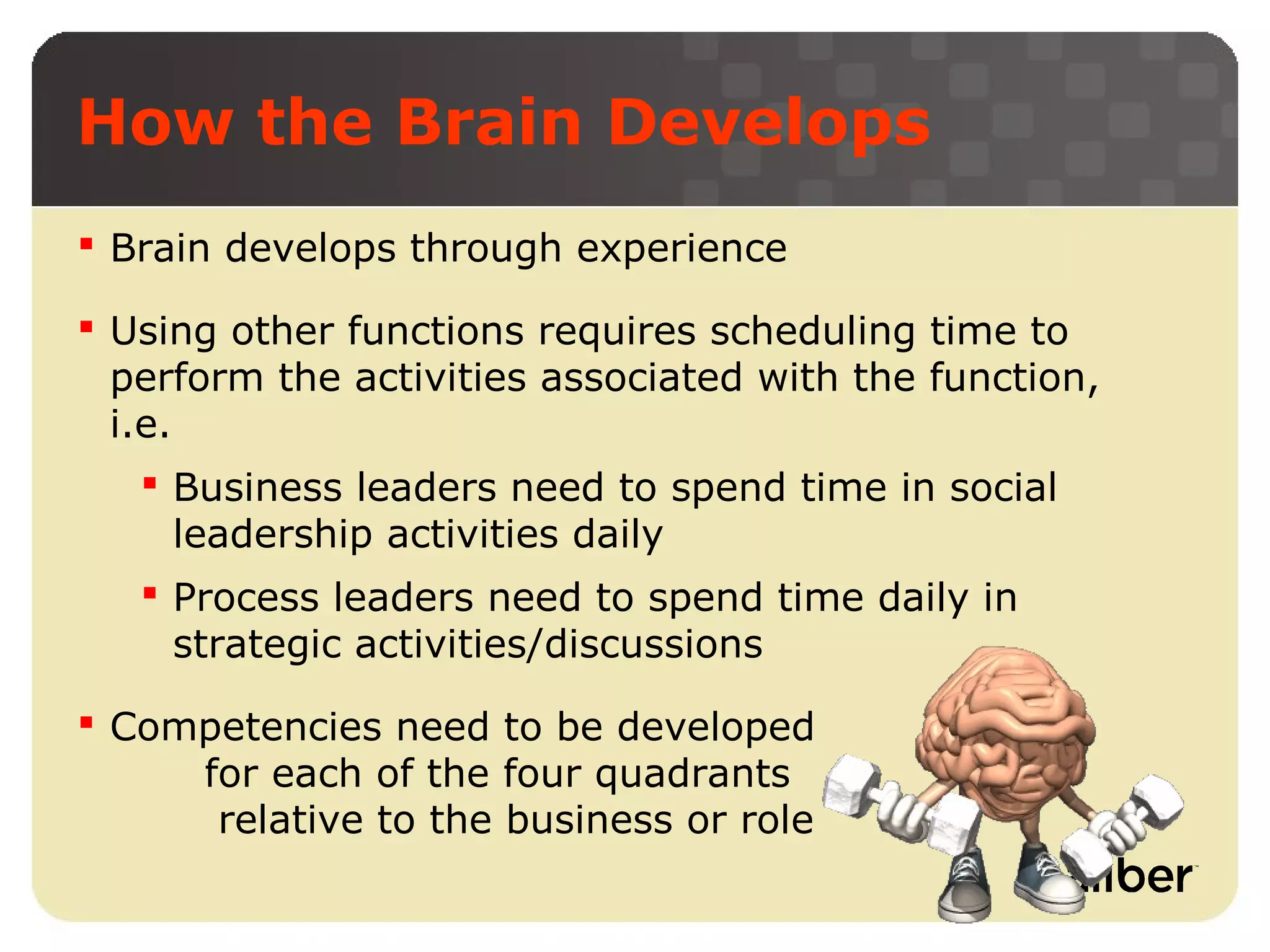 How the Brain Develops
 Brain develops through experience
 Using other functions requires scheduling time to
perform the activities associated with the function,
i.e.
 Business leaders need to spend time in social
leadership activities daily
 Process leaders need to spend time daily in
strategic activities/discussions
 Competencies need to be developed
for each of the four quadrants
relative to the business or role

 