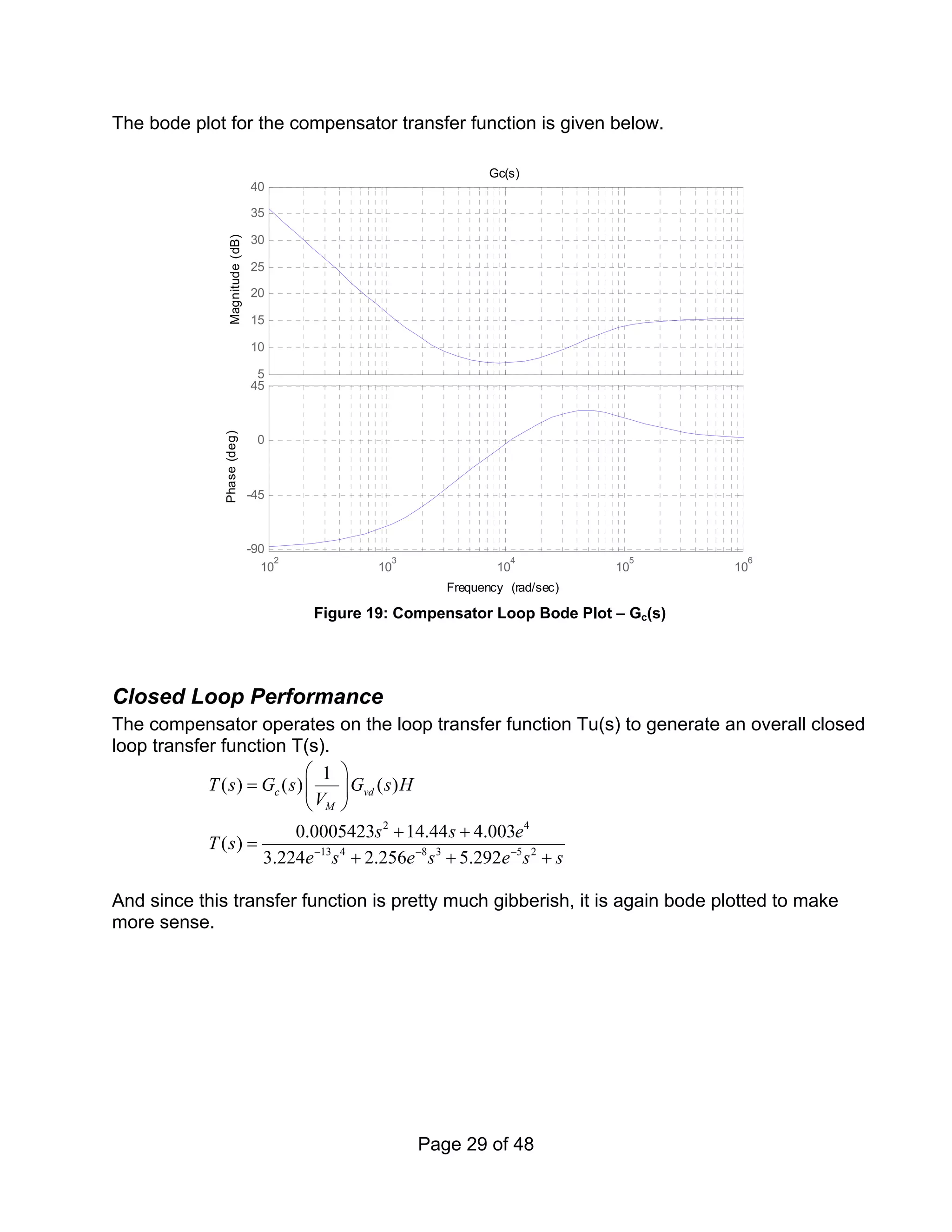 Page 29 of 48
The bode plot for the compensator transfer function is given below.
5
10
15
20
25
30
35
40
Magnitude
(dB)
10
2
10
3
10
4
10
5
10
6
-90
-45
0
45
Phase
(deg)
Gc(s)
Frequency (rad/sec)
Figure 19: Compensator Loop Bode Plot – Gc(s)
Closed Loop Performance
The compensator operates on the loop transfer function Tu(s) to generate an overall closed
loop transfer function T(s).
2 4
13 4 8 3 5 2
1
( ) ( ) ( )
0.0005423 14.44 4.003
( )
3.224 2.256 5.292
c vd
M
T s G s G s H
V
s s e
T s
e s e s e s s
− − −
⎛ ⎞
= ⎜ ⎟
⎝ ⎠
+ +
=
+ + +
And since this transfer function is pretty much gibberish, it is again bode plotted to make
more sense.
 
