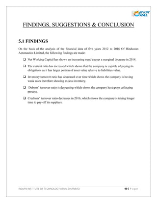 INDIAN INSTITUTE OF TECHNOLOGY (ISM), DHANBAD 49 | P a g e
FINDINGS, SUGGESTIONS & CONCLUSION
5.1 FINDINGS
On the basis of the analysis of the financial data of five years 2012 to 2016 Of Hindustan
Aeronautics Limited, the following findings are made:
 Net Working Capital has shown an increasing trend except a marginal decrease in 2014.
 The current ratio has increased which shows that the company is capable of paying its
obligations as it has larger portion of asset value relative to liabilities value.
 Inventory turnover ratio has decreased over time which shows the company is having
weak sales therefore showing excess inventory.
 Debtors’ turnover ratio is decreasing which shows the company have poor collecting
process.
 Creditors’ turnover ratio decreases in 2016; which shows the company is taking longer
time to pay-off its suppliers.
 