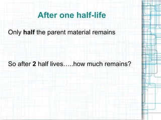 After one half-life
Only half the parent material remains

So after 2 half lives…..how much remains?

 
