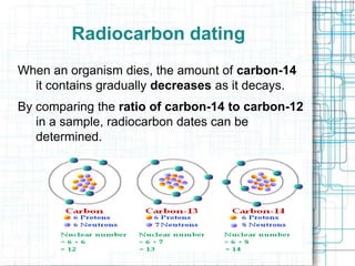 Radiocarbon dating
When an organism dies, the amount of carbon-14
it contains gradually decreases as it decays.
By comparing the ratio of carbon-14 to carbon-12
in a sample, radiocarbon dates can be
determined.

 