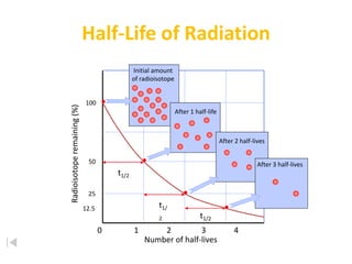 0 1 2 3 4
Number of half-lives
Radioisotoperemaining(%)
100
50
25
12.5
Half-Life of Radiation
Initial amount
of radioisotope
t1/2
t1/
2 t1/2
After 1 half-life
After 2 half-lives
After 3 half-lives
 