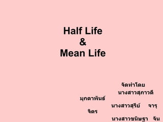 Half Life & Mean Life ฝึกงานภาคฤดูร้อน สถาบันเทคโนโลยีนิวเคลียร์  2553 ผู้ดูแล :  รพพน พิชา นางสาวสุภาวดี   มุกดาพันธ์ ,  นางสาวสุรีย์   จารุจิตร ,  นางสาวขนิษฐา   จันทโสม ม .  อุบลราชธานี 