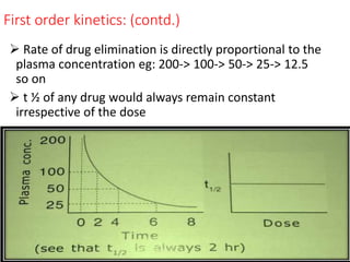First order kinetics: (contd.)
 Rate of drug elimination is directly proportional to the
plasma concentration eg: 200-> 100-> 50-> 25-> 12.5
so on
 t ½ of any drug would always remain constant
irrespective of the dose
 