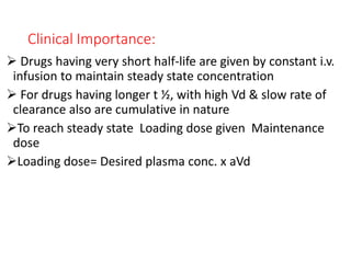 Clinical Importance:
 Drugs having very short half-life are given by constant i.v.
infusion to maintain steady state concentration
 For drugs having longer t ½, with high Vd & slow rate of
clearance also are cumulative in nature
To reach steady state Loading dose given Maintenance
dose
Loading dose= Desired plasma conc. x aVd
 