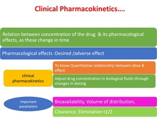Clinical Pharmacokinetics….
Relation between concentration of the drug & its pharmacological
effects, as these change in time
Pharmacological effects :Desired /adverse effect
To know Quantitative relationship between dose &
effect
Adjust drug concentration in biological fluids through
changes in dosing
clinical
pharmacokinetics
Bioavailability, Volume of distribution,
Clearance, Elimination t1/2
Important
parameters
 