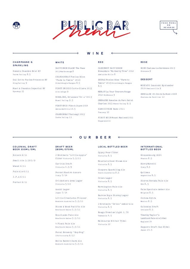 Half Moon Public Main Bar Menu