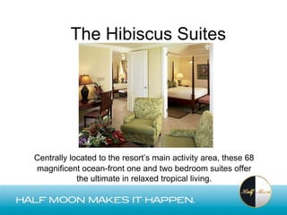 The Hibiscus Suites




Centrally located to the resort’s main activity area, these 68
magnificent ocean-front one and two bedroom suites offer
            the ultimate in relaxed tropical living.
 