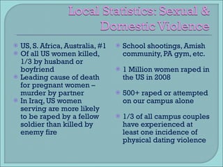 US, S. Africa, Australia, #1 Of all US women killed, 1/3 by husband or boyfriend Leading cause of death for pregnant women – murder by partner In Iraq, US women serving are more likely to be raped by a fellow soldier than killed by enemy fire School shootings, Amish community, PA gym, etc. 1 Million women raped in the US in 2008  500+ raped or attempted on our campus alone 1/3 of all campus couples have experienced at least one incidence of physical dating violence 