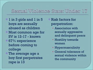 1 in 3 girls and 1 in 5 boys are sexually abused as children Most common age for SV is 12-17 - known 67% experience before coming to college The average age a boy first perpetrates rape is 13 Risk factors for perpetration: Association with sexually aggressive and delinquent peers Hostility towards women Hypermasculinity General tolerance of sexual violence within the community 