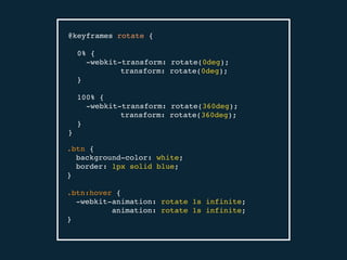 @keyframes rotate {
0% {
-webkit-transform: rotate(0deg);
transform: rotate(0deg);
}
100% {
-webkit-transform: rotate(360deg);
transform: rotate(360deg);
}
}
.btn {
background-color: white;
border: 1px solid blue;
}
.btn:hover {
-webkit-animation: rotate 1s infinite;
animation: rotate 1s infinite;
}
 