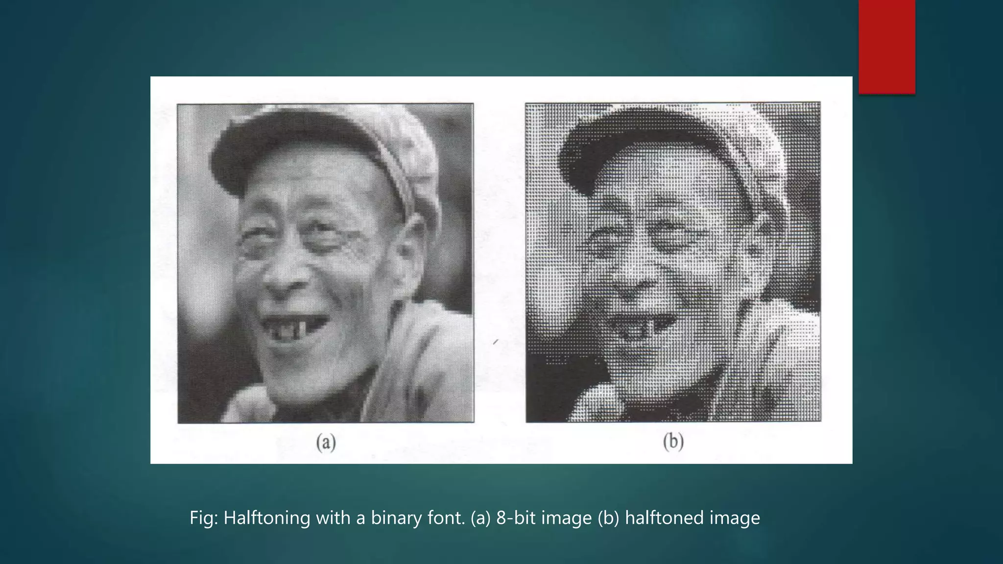 Fig: Halftoning with a binary font. (a) 8-bit image (b) halftoned image
 