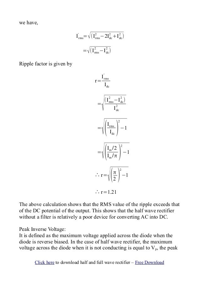 Half Wave Rectifier with Efficiency,Ripple factor Pdf