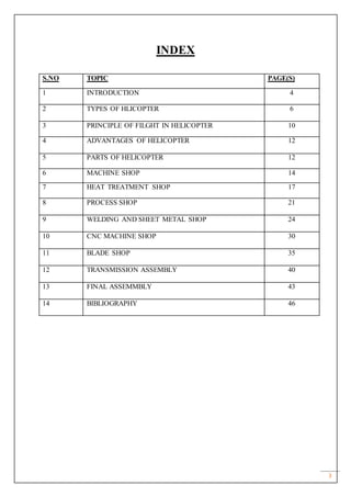 3
INDEX
S.NO TOPIC PAGE(S)
1 INTRODUCTION 4
2 TYPES OF HLICOPTER 6
3 PRINCIPLE OF FILGHT IN HELICOPTER 10
4 ADVANTAGES OF HELICOPTER 12
5 PARTS OF HELICOPTER 12
6 MACHINE SHOP 14
7 HEAT TREATMENT SHOP 17
8 PROCESS SHOP 21
9 WELDING AND SHEET METAL SHOP 24
10 CNC MACHINE SHOP 30
11 BLADE SHOP 35
12 TRANSMISSION ASSEMBLY 40
13 FINAL ASSEMMBLY 43
14 BIBLIOGRAPHY 46
 