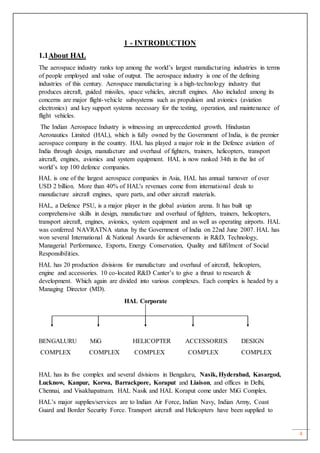 4
1 - INTRODUCTION
1.1About HAL
The aerospace industry ranks top among the world’s largest manufacturing industries in terms
of people employed and value of output. The aerospace industry is one of the defining
industries of this century. Aerospace manufacturing is a high-technology industry that
produces aircraft, guided missiles, space vehicles, aircraft engines. Also included among its
concerns are major flight-vehicle subsystems such as propulsion and avionics (aviation
electronics) and key support systems necessary for the testing, operation, and maintenance of
flight vehicles.
The Indian Aerospace Industry is witnessing an unprecedented growth. Hindustan
Aeronautics Limited (HAL), which is fully owned by the Government of India, is the premier
aerospace company in the country. HAL has played a major role in the Defence aviation of
India through design, manufacture and overhaul of fighters, trainers, helicopters, transport
aircraft, engines, avionics and system equipment. HAL is now ranked 34th in the list of
world’s top 100 defence companies.
HAL is one of the largest aerospace companies in Asia, HAL has annual turnover of over
USD 2 billion. More than 40% of HAL's revenues come from international deals to
manufacture aircraft engines, spare parts, and other aircraft materials.
HAL, a Defence PSU, is a major player in the global aviation arena. It has built up
comprehensive skills in design, manufacture and overhaul of fighters, trainers, helicopters,
transport aircraft, engines, avionics, system equipment and as well as operating airports. HAL
was conferred NAVRATNA status by the Government of India on 22nd June 2007. HAL has
won several International & National Awards for achievements in R&D, Technology,
Managerial Performance, Exports, Energy Conservation, Quality and fulfilment of Social
Responsibilities.
HAL has 20 production divisions for manufacture and overhaul of aircraft, helicopters,
engine and accessories. 10 co-located R&D Canter’s to give a thrust to research &
development. Which again are divided into various complexes. Each complex is headed by a
Managing Director (MD).
HAL Corporate
BENGALURU MiG HELICOPTER ACCESSORIES DESIGN
COMPLEX COMPLEX COMPLEX COMPLEX COMPLEX
HAL has its five complex and several divisions in Bengaluru, Nasik, Hyderabad, Kasargod,
Lucknow, Kanpur, Korwa, Barrackpore, Koraput and Liaison, and offices in Delhi,
Chennai, and Visakhapatnam. HAL Nasik and HAL Koraput come under MiG Complex.
HAL’s major supplies/services are to Indian Air Force, Indian Navy, Indian Army, Coast
Guard and Border Security Force. Transport aircraft and Helicopters have been supplied to
 