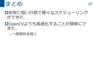 20
非常に短い行数で様々なスケジューリング
ができた．
OpenCVよりも高速化することが簡単にで
きた．
–一部例外を除く
まとめ
 