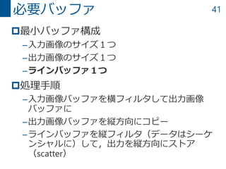 41
最小バッファ構成
–入力画像のサイズ１つ
–出力画像のサイズ１つ
–ラインバッファ１つ
処理手順
–入力画像バッファを横フィルタして出力画像
バッファに
–出力画像バッファを縦方向にコピー
–ラインバッファを縦フィルタ（データはシーケ
ンシャルに）して，出力を縦方向にストア
（scatter）
必要バッファ
 