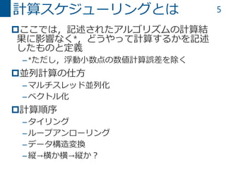 5
ここでは，記述されたアルゴリズムの計算結
果に影響なく*，どうやって計算するかを記述
したものと定義
–*ただし，浮動小数点の数値計算誤差を除く
並列計算の仕方
–マルチスレッド並列化
–ベクトル化
計算順序
–タイリング
–ループアンローリング
–データ構造変換
–縦→横か横→縦か？
計算スケジューリングとは
 