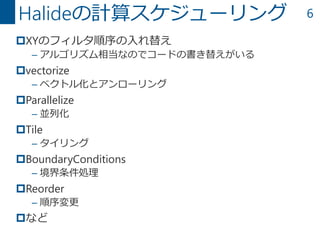 6
XYのフィルタ順序の入れ替え
– アルゴリズム相当なのでコードの書き替えがいる
vectorize
– ベクトル化とアンローリング
Parallelize
– 並列化
Tile
– タイリング
BoundaryConditions
– 境界条件処理
Reorder
– 順序変更
など
Halideの計算スケジューリング
 