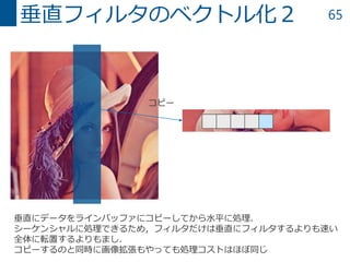 65垂直フィルタのベクトル化２
垂直にデータをラインバッファにコピーしてから水平に処理．
シーケンシャルに処理できるため，フィルタだけは垂直にフィルタするよりも速い
全体に転置するよりもまし．
コピーするのと同時に画像拡張もやっても処理コストはほぼ同じ
コピー
 