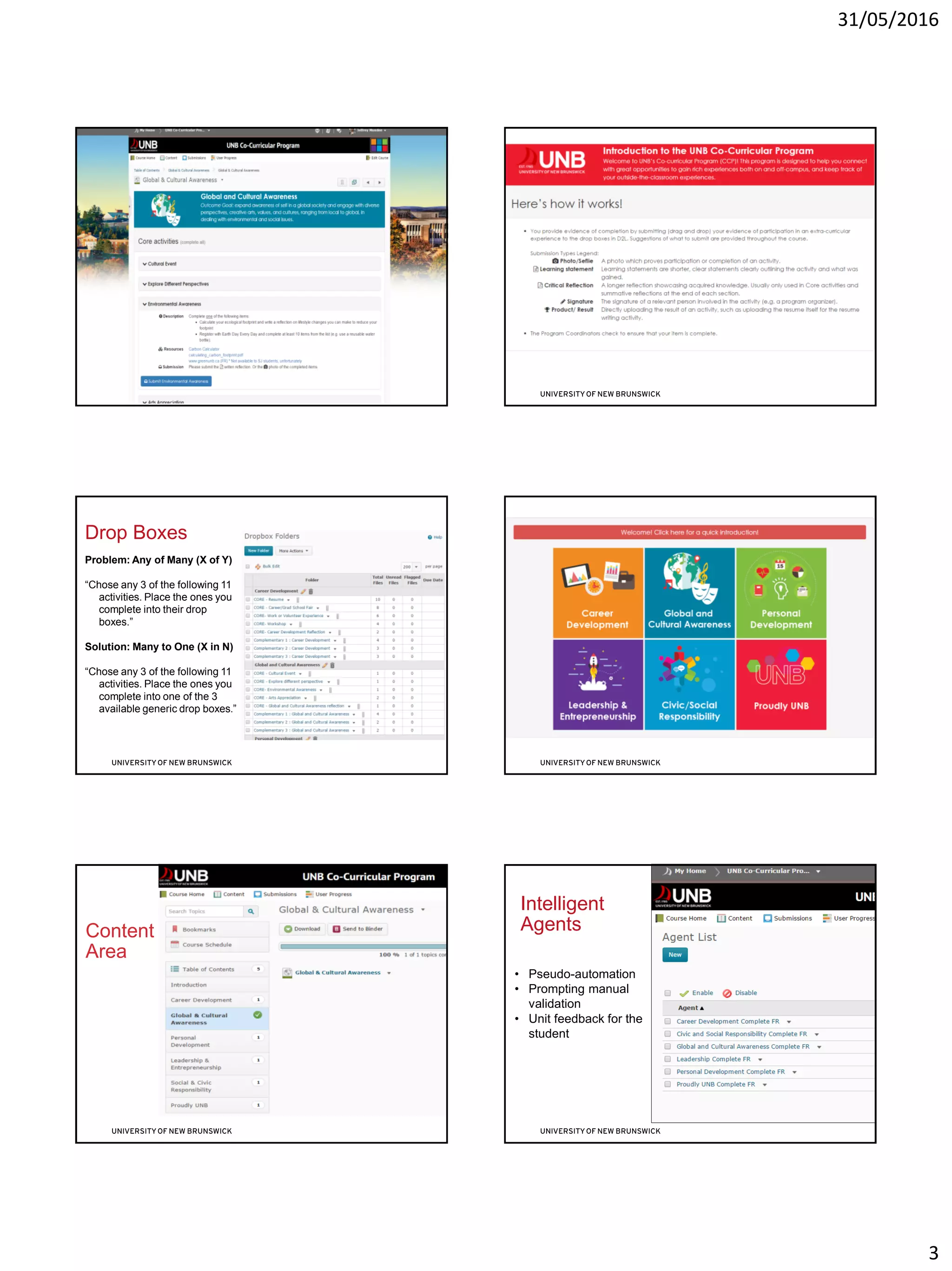 31/05/2016
3
Drop Boxes
Problem: Any of Many (X of Y)
“Chose any 3 of the following 11
activities. Place the ones you
complete into their drop
boxes.”
Solution: Many to One (X in N)
“Chose any 3 of the following 11
activities. Place the ones you
complete into one of the 3
available generic drop boxes.”
Content
Area
Intelligent
Agents
• Pseudo-automation
• Prompting manual
validation
• Unit feedback for the
student
 