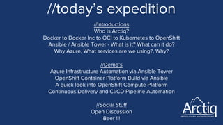 //today’s expedition
//Introductions
Who is Arctiq?
Docker to Docker Inc to OCI to Kubernetes to OpenShift
Ansible / Ansible Tower - What is it? What can it do?
Why Azure, What services are we using?, Why?
//Demo’s
Azure Infrastructure Automation via Ansible Tower
OpenShift Container Platform Build via Ansible
A quick look into OpenShift Compute Platform
Continuous Delivery and CI/CD Pipeline Automation
//Social Stuff
Open Discussion
Beer !!!
 