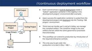//continuous deployment workflow
● Each commit drives a build & deployment create a
“baked” application container in the registry in the
development project / environment (S2i example)
● Upon success the application container is pulled from the
development project and deployed into the Testing / QA
project / environment
● Think how we handle war’s and jar’s today, we manage
the compiled artifact. The container image is the new
artifact and we utilize the same governance processes
that exist today.
● This workflow can extend to production by introduction of
the required enterprise controls.
● The only way to get code into
production is to start in Dev > QA > ...
 