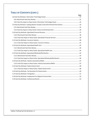 TABLE OF CONTENTS (CONT.)
                                                                                                                                              Page
  5.8 Hub City Attribute: Information Technology Cluster .........................................................................................31
     5.8.1 Benchmark Hub Cities Review ....................................................................................................................31
     5.8.2 Hub City Impact on Nova Scotia: Information Technology Cluster ............................................................32
  5.9 Hub City Attribute: Leading Atlantic Canada's Cultural & Entertainment Sectors ............................................33
     5.9.1 Benchmark Hub Cities Review ....................................................................................................................35
     5.9.2 Hub City Impact on Nova Scotia: Culture and Entertainment ....................................................................36
  5.10 Hub City Attribute: Specialized Financial Services ...........................................................................................37
     5.10.1 Benchmark Hub Cities Review ..................................................................................................................38
     5.10.2 Hub City Impact on Nova Scotia: Specialized Financial Services ..............................................................39
  5.11 Hub City Attribute: Insurance Industry ............................................................................................................40
     5.11.1 Hub City Impact on Nova Scotia: Insurance Industry ...............................................................................41
  5.12 Hub City Attribute: Specialized Health Care ....................................................................................................42
     5.12.1 Benchmark Hub Cities Review ..................................................................................................................43
     5.12.2 Hub City Impact on Nova Scotia: Specialized Health Care ........................................................................43
  5.13 Hub City Attribute: Specialized Wholesale/Distribution..................................................................................45
     5.13.1 Benchmark Hub Cities Review ..................................................................................................................45
     5.13.2 Hub City Impact on Nova Scotia: Specialized Wholesale/Distribution .....................................................46
  5.14 Hub City Attribute: Industry Associations/NGOs .............................................................................................47
     5.14.1 Hub City Impact on Nova Scotia: Industry Associations/NGOs ................................................................47
  5.15 Hub City Attribute: Federal Government ........................................................................................................48
     5.15.1 Hub City Impact on Nova Scotia: Federal Government ............................................................................48
  5.16 Hub City Attribute: Tax Generator for Governments ......................................................................................49
  5.17 Hub City Attribute: Immigration ......................................................................................................................51
  5.18 Hub City Attribute: Employment for Adjacent Communities ..........................................................................52
  5.19 Hub City Attribute: Conferences/Events .........................................................................................................53




Halifax: Profiling Hub City Attributes | 2
 