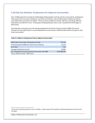5.18 Hub City Attribute: Employment for Adjacent Communities
Over 13,000 people from outside the Halifax Regional Municipality commute into the community for employment.
They come from as far away as Shelburne, Yarmouth and Amherst. East and West Hants residents account for
over 6,500 of the commuters into Halifax. There are almost 1,000 from Chester, 500 from Lunenburg, 290 from
Cape Breton and 230 from Truro. If this group of employed persons were a city, it would be the third largest in
Nova Scotia.

Assuming these commuters earn the average employment income for a full time worker (2006), that would
translate into over $570 million in annual employment income earned in HRM and taken back to be spent in their
                     7
home communities.


Table 51: Halifax as Employment Hub for Adjacent Communities

HRM Labour Force (with a fixed place of work)                                         175,770
# Commuting into HRM from other Census Divisions                                        13,135
% of Total                                                                                7.5%
Average Employment Income                                                               43,403
Est. Employment Income earned by Commuters into HRM                             $570,098,405
Source: Statistics Canada - 2006 Census.




7
  Some of this spending would also accrue in Halifax - another aspect of the symbiotic relationship between the hub city and
the region.

Halifax: Profiling Hub City Attributes | 52
 