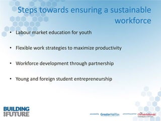 Steps towards ensuring a sustainable
workforce
• Labour market education for youth
• Flexible work strategies to maximize productivity
• Workforce development through partnership
• Young and foreign student entrepreneurship
 