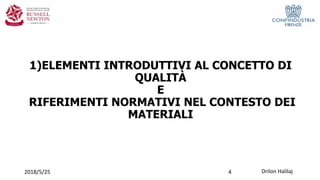 1)ELEMENTI INTRODUTTIVI AL CONCETTO DI
QUALITÀ
E
RIFERIMENTI NORMATIVI NEL CONTESTO DEI
MATERIALI
2018/5/25 Drilon Halilaj4
 