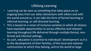 18
• Learning can be seen as something that takes place on an
ongoing basis from our daily interactions with others and with
the world around us. It can take the form of formal learning or
informal learning, or self-directed learning.
• This is based on a vision of inclusive societies in which all citizens
have equitable opportunities to access effective and relevant
learning throughout life delivered through multiple formal, non-
formal and informal settings.
• As such, education is essential to individuals’ development as it is
to the development of their families, of the local and national
communities to which they belong, and to the world at large.
Llifelong Learning
 