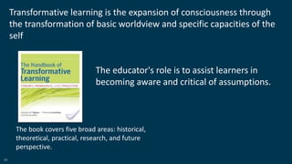 34
The book covers five broad areas: historical,
theoretical, practical, research, and future
perspective.
The educator's role is to assist learners in
becoming aware and critical of assumptions.
Transformative learning is the expansion of consciousness through
the transformation of basic worldview and specific capacities of the
self
 