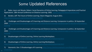 51
Some Updated References
1) Baker, Jason and Woods, Robert. Social Dynamics of Online learning: Pedagogical Imperatives and Practical
Applications. 18th Annual Conference on Distance Learning: 2005. www.uwex.edu/disted/comference/
2) Borden, Jeff. The Future of Online Learning. Elearn Magazine: August 2011.
http://elearnmag.acm.org/archive.cfm?aid=2024704
3) Challenges and Disadvantages of E-learning and Distance Learning. Compassion in politics: 26 September
2009. http://compassioninpolitics.wordpress.com/2009/09/26/challenges-disadvantages-e-learning-and-distance-
learning
4) Challenges and Disadvantages of E-learning and Distance Learning. Compassion in politics: 26 September
2009. http://compassioninpolitics.wordpress.com/2009/09/26/challenges-disadvantages-e-learning-and-distance-
learning
5) Disadvantages of Online Learning. Online Learning Marketplace.
http://www.onlinelearningmarketplace.com/5disadvantagesofonlinelearning.html
6) Disadvantages of Online Learning. Online Learning Marketplace.
http://www.onlinelearningmarketplace.com/5disadvantagesofonlinelearning.html
7) Georevich, Don. 5 Disadvantages of E-Learning. http://www.jobinterviewtools.com/blog/5-disadvantages-of-
e-learning/
 