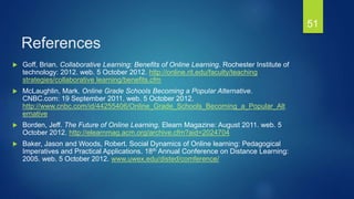 References
 Goff, Brian. Collaborative Learning: Benefits of Online Learning. Rochester Institute of
technology: 2012. web. 5 October 2012. http://online.rit.edu/faculty/teaching
strategies/collaborative learning/benefits.cfm
 McLaughlin, Mark. Online Grade Schools Becoming a Popular Alternative.
CNBC.com: 19 September 2011. web. 5 October 2012.
http://www.cnbc.com/id/44255406/Online_Grade_Schools_Becoming_a_Popular_Alt
ernative
 Borden, Jeff. The Future of Online Learning. Elearn Magazine: August 2011. web. 5
October 2012. http://elearnmag.acm.org/archive.cfm?aid=2024704
 Baker, Jason and Woods, Robert. Social Dynamics of Online learning: Pedagogical
Imperatives and Practical Applications. 18th Annual Conference on Distance Learning:
2005. web. 5 October 2012. www.uwex.edu/disted/comference/
51
 