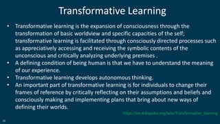 26
Transformative Learning
• Transformative learning is the expansion of consciousness through the
transformation of basic worldview and specific capacities of the self;
transformative learning is facilitated through consciously directed processes such
as appreciatively accessing and receiving the symbolic contents of the
unconscious and critically analyzing underlying premises .
• A defining condition of being human is that we have to understand the meaning
of our experience.
• Transformative learning develops autonomous thinking.
• An important part of transformative learning is for individuals to change their
frames of reference by critically reflecting on their assumptions and beliefs and
consciously making and implementing plans that bring about new ways of
defining their worlds.
https://en.wikipedia.org/wiki/Transformative_learning
 