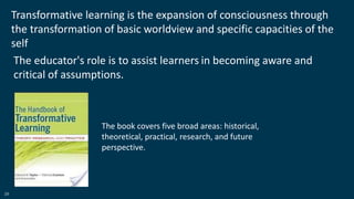 29
The book covers five broad areas: historical,
theoretical, practical, research, and future
perspective.
The educator's role is to assist learners in becoming aware and
critical of assumptions.
Transformative learning is the expansion of consciousness through
the transformation of basic worldview and specific capacities of the
self
 