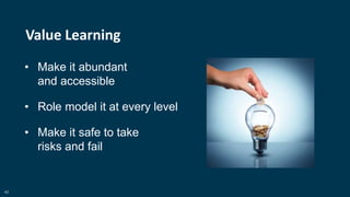 42
Value Learning
• Make it abundant
and accessible
• Role model it at every level
• Make it safe to take
risks and fail
 