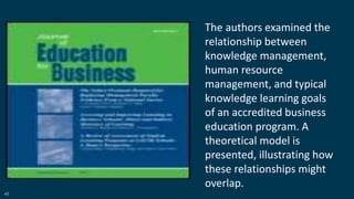 45
The authors examined the
relationship between
knowledge management,
human resource
management, and typical
knowledge learning goals
of an accredited business
education program. A
theoretical model is
presented, illustrating how
these relationships might
overlap.
 