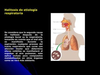 Halitosis de etiología
respiratoria
Se considera que la segunda causa
de halitosis después de la
etiología bucal es la respiratoria,
tomando en cuenta que el mal olor
es manifiesto durante la
espiración, cualquier proceso del
tracto respiratorio que curse con
afección tisular que determine
olores volátiles se manifestará al
expulsar el aire pulmonar, esto
aplica incluso para compuestos
metabolizados en otros órganos
como se verá más adelante.
 
