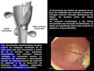 El divertículo de Zenker se produce en un
área de debilidad del músculo constrictor
faríngeo inferior llamada dehiscencia de
Killian. Se localiza entre las fibras
oblicuas
de músculo tirofaríngeo y las fibras
horizontales del músculo cricofaríngeo. La
lesión se manifiesta sobre todo durante la
séptima y octava décadas.
Los divertículos hipofaríngeos pueden
ocurrir en cualquier momento de la
vida, pero son mas frecuentes a partir
de la 6 década. Los pacientes
sintomáticos casi siempre refieren
disfagia, en ocasiones severa. La
retención de alimentos y secreciones
resulta en regurgitaciones del material
no digerido y en el desarrollo de
halitosis, tos, disfonía, aspiración
recurrente, bronquitis y neumonía.
 