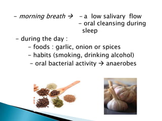 - morning breath  - a low salivary flow
- oral cleansing during
sleep
- during the day :
- foods : garlic, onion or spices
- habits (smoking, drinking alcohol)
- oral bacterial activity  anaerobes
 