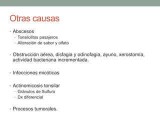 Otras causas
• Abscesos
• Tonsilolitos pasajeros
• Alteración de sabor y olfato
• Obstrucción aérea, disfagia y odinofagia, ayuno, xerostomía,
actividad bacteriana incrementada.
• Infecciones micóticas
• Actinomicosis tonsilar
• Gránulos de Sulfuro
• Dx diferencial
• Procesos tumorales.
 