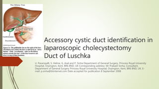 Accessory cystic duct identification in
laparoscopic cholecystectomy
Duct of Luschka
U. Parampalli, S. Helme, G. Asal and P. Sinha Department of General Surgery, Princess Royal University
Hospital, Orpington, Kent, BR6 8ND, UK Corresponding address: Mr Prakash Sinha, Consultant,
Department of General Surgery Princess Royal University Hospital, Orpington, Kent, BR6 8ND, UK. E-
mail: p.sinha@btinternet.com Date accepted for publication 8 September 2008
 