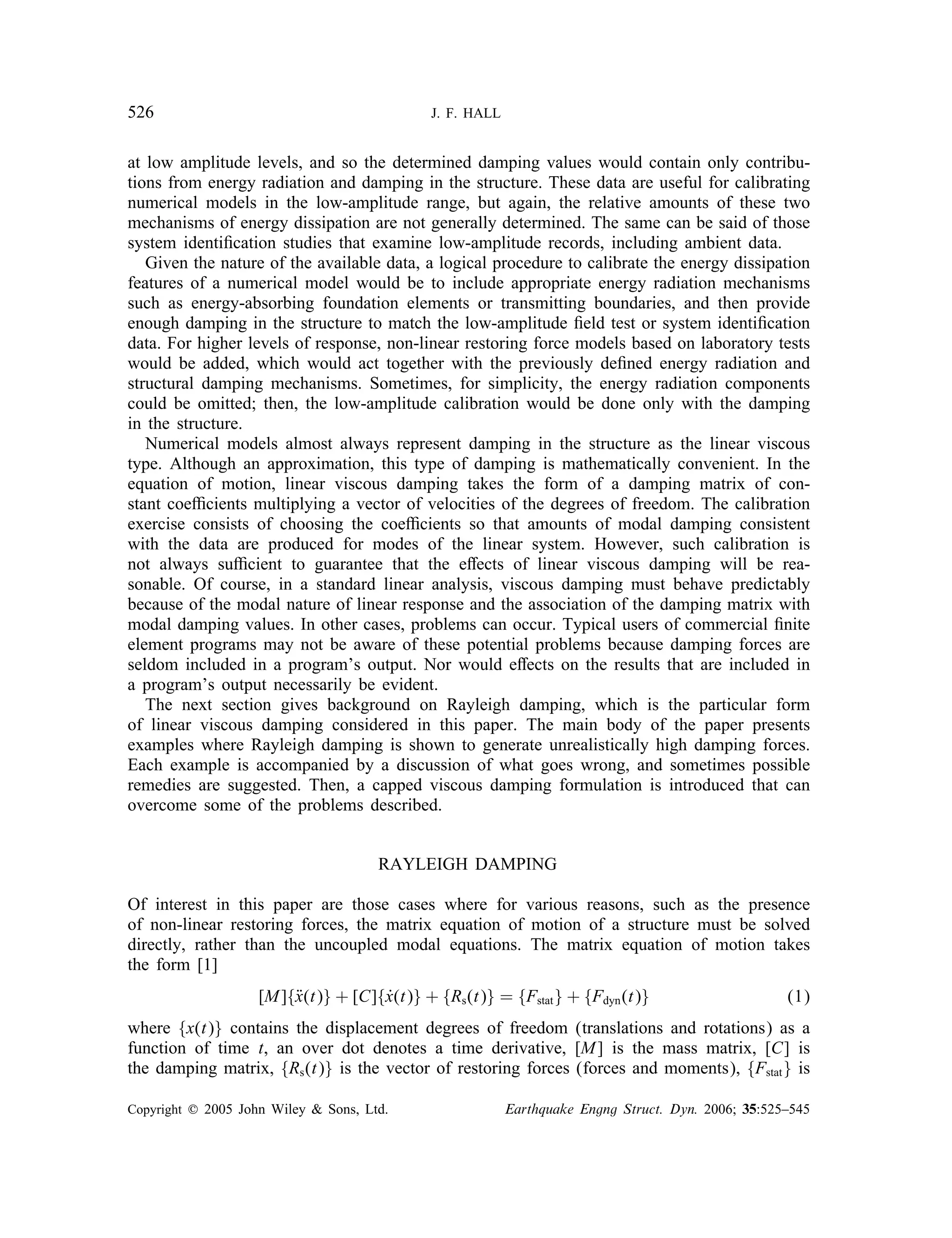 Hall 2006 problems-encounteredfromuserayleighdamping | PDF